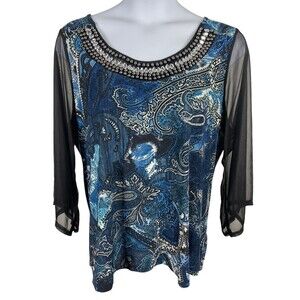 Lavish Plus 3x Blue Paisley Beaded Sheer Sleeve Stretch Top